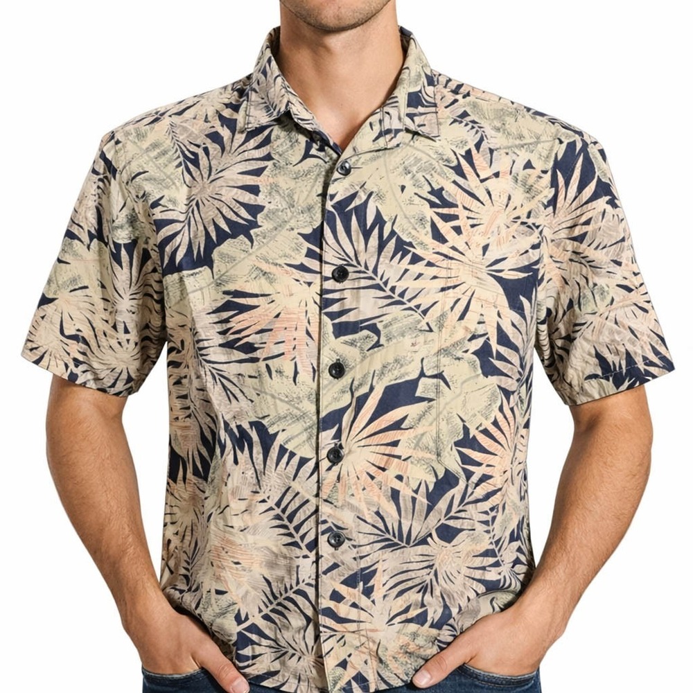 Cooke Street Hawaiian Aloha Shirt Medium Floral‎ Tropical Leaves Black Tan Green